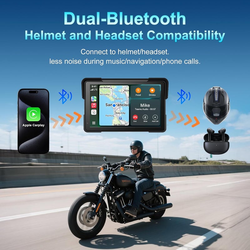 fuyuadas Wireless Motorcycle Apple Carplay,7 Inch Portable Motor GPS Navigation with Apple Carplay & Android Auto,Siri & Google Assistant, Anti-Glare/Bluetooth 5.2/ Voice Control/ IP69K Waterproof Touchscreen - Image 4